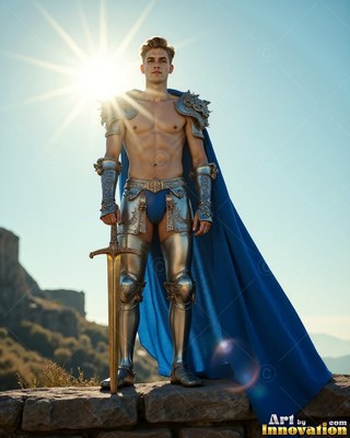 A shirtless silver-clad man armor and a cape colored blue grips a sword in the bright sun