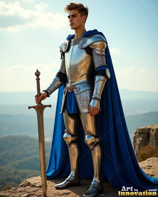 On a rocky cliff, a young silver-clad man armor holds a sword by his cape colored blue