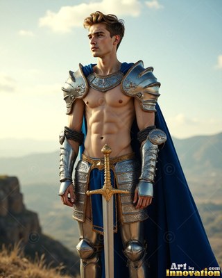 Standing on a cliff, a bare-chested man in silver armor with a cape in blue holds a sword
