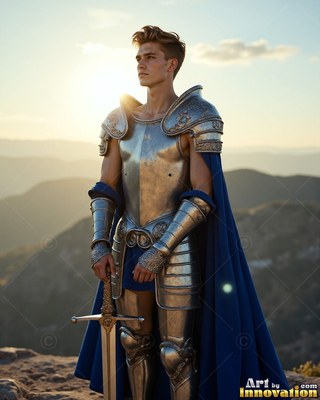 A young man wearing steel armor and a bright cape colored blue carries a sword outdoors