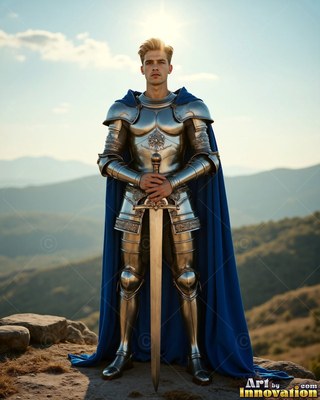 A young man wearing steel armor stands on his sword under pale sunlight