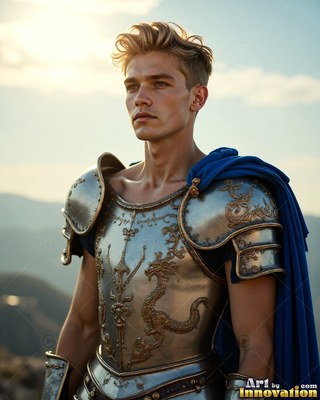 Standing in steel armor, a young blond man looks away on a mountain peak