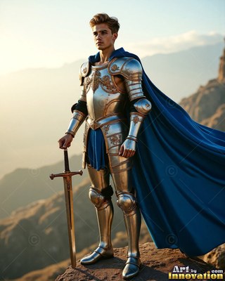 A yellow-haired man in silver plate armor and a cape colored blue carries a sword on a mountain peak