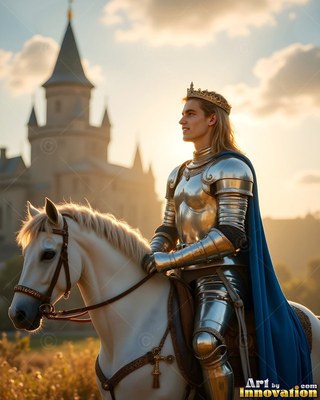 Outside a castle, a crowned man in silver armor sits on a white horse