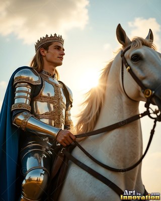 Riding a white horse into the sunset, a crowned man wears polished suit of silver armor and a cape colored blue