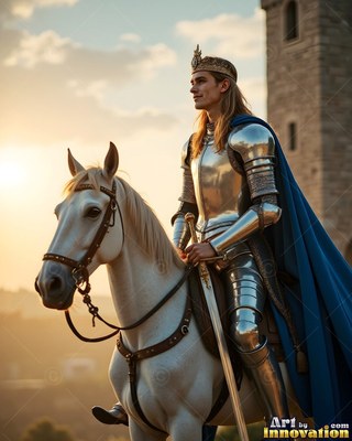 A crowned young man in silver armor rides a white horse by a stone tower