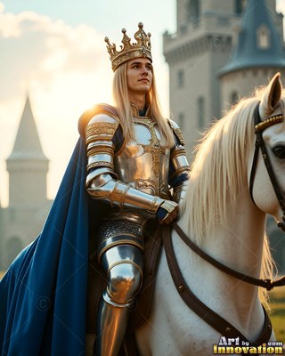 A golden crown rests on the long blond hair of a young man riding a white horse near a castle