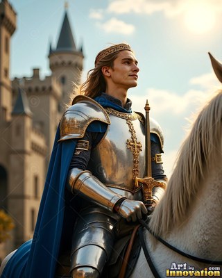 A crowned man in armor sits on a white horse by a castle in golden sunlight