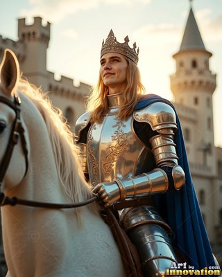 Seated upright on a white horse, a crowned man in armor smiles outside a castle