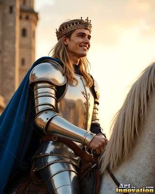 A smiling young man in a gold crown and steel armor sits on a white horse