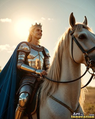 Under the sunny sky, a young crowned man dressed in shining silver armor rides a white horse
