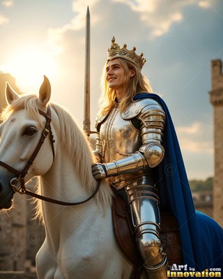 Riding a white horse, a crowned man in silver armor smiles in the sunlight