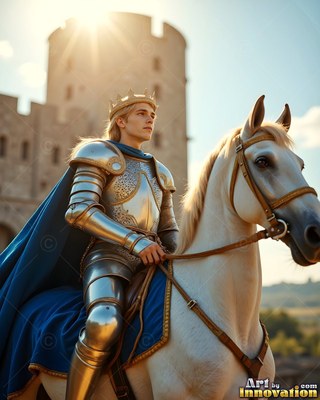 A crowned man in a suit of steel armor sits on a white horse near a castle