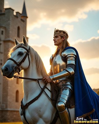 Wearing a long blue cape outside a castle, a crowned man in steel armor sits on a white horse