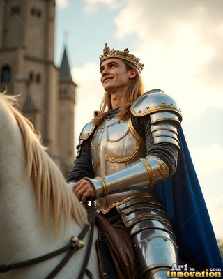 A crowned young man rides a horse in armor under soft golden sunlight