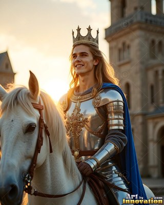 Riding a white horse before stone towers, a crowned young man smiles in steel armor