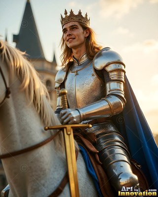 A smiling young armor-clad man in steel and a gold crown sits on a white horse