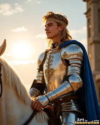 Outside in the sunlight, a smiling yellow-haired man in shiny armor rides a white horse