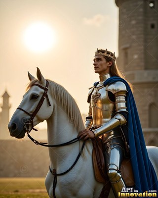 Riding a white horse, a crowned man in shining silver armor wears a cape colored blue at sunset