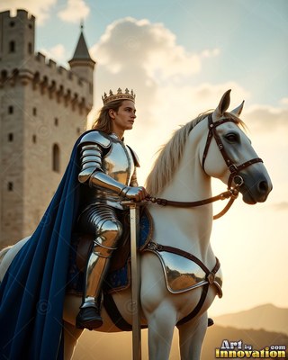 Crowned man in steel armor sits on a white horse outside a castle