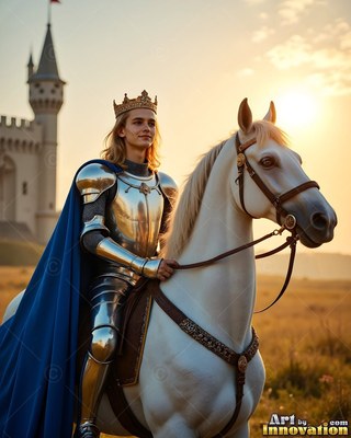 A crowned man in steel armor and a cape in blue sits on a white horse outside a castle