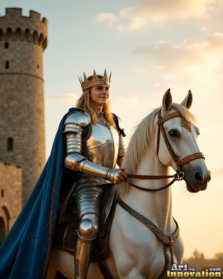 A crowned man in armor rides a white horse by a stone tower under warm evening light