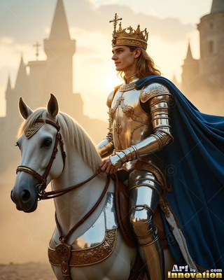 Sitting in profile, a crowned man covered in a suit of silver armor rides a white horse near a castle