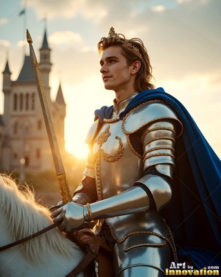 A crowned young man dressed in a suit of silver armor sits on a white horse near a castle