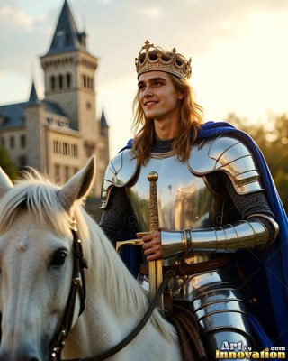 Outside a castle, a crowned man in silver-plated armor rides a white horse