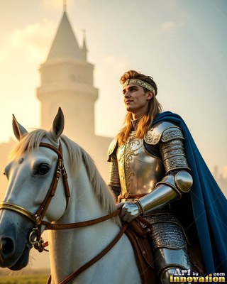 Riding a white horse, a young man wears steel armor with a cape colored blue before a tower