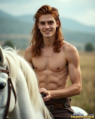 A shirtless smiling young man rides a white horse outdoors