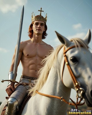A crowned shirtless young man holds an upright sword on a white horse under a blue sky