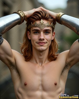 A shirtless man rests his hands behind his head, wearing silver arm guards in soft daylight