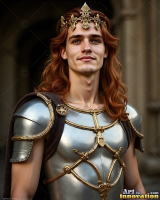 Facing forward in a stone hall, a young man wears armor and a crown