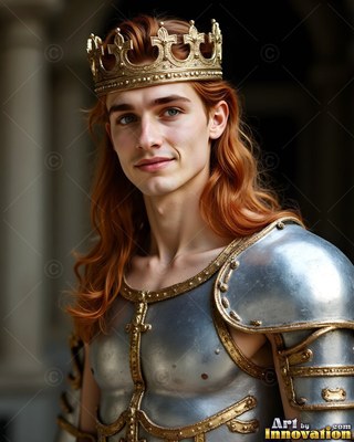 A young man with long red hair smiles in silver-plated armor and a gold crown