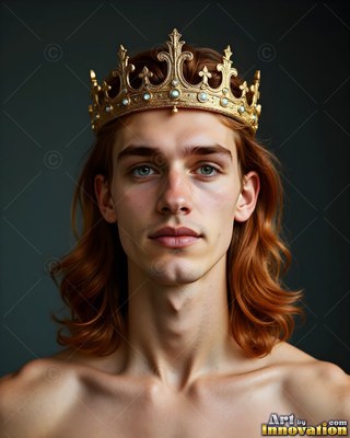 Against a dark gray background, a shirtless young man wears a gold crown