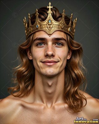 Smiling faintly, a bare-shouldered young man with wavy hair wears a gold crown
