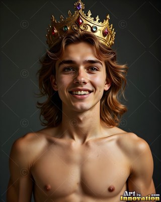 Shirtless young man smiling with a gold crown on his head