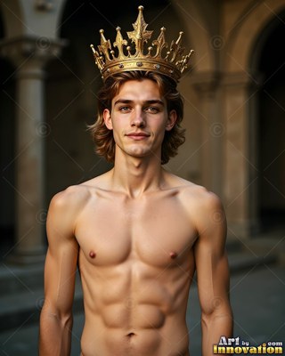 A gold crown rests on a shirtless young man with brown hair in a stone courtyard