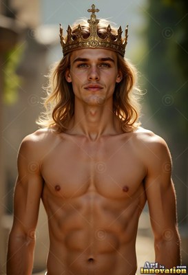 A shirtless man wears a gold crown while looking forward in soft daylight
