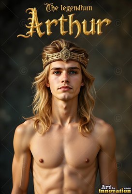 Facing forward outdoors, a shirtless young man wears a golden crown on long hair