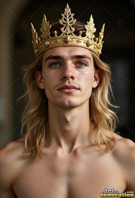 A shirtless young man with long blond hair wears a tall gold crown