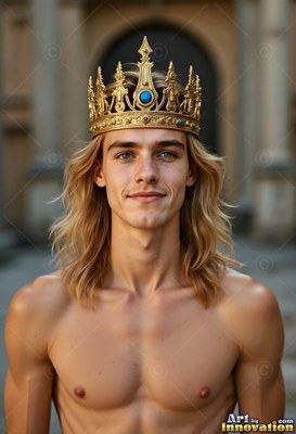 In a stone courtyard, a shirtless blond-haired man smiles while wearing a gold crown