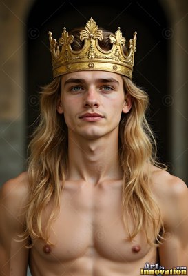 Wearing a tall gold crown, a bare-chested young man with long blond hair looks ahead