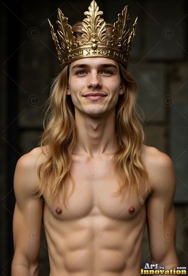 A shirtless young man with long blond hair wears a gold crown