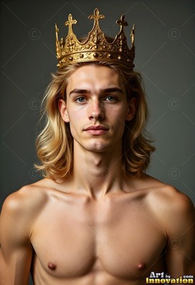 A heavy gold crown sits on the head of a bare-chested blond man against gray