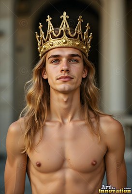 A shirtless young man stands wearing a gold crown under soft daylight