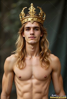Facing forward outdoors, a shirtless man wears a tall gold crown on his head