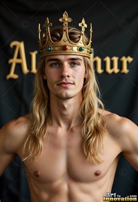 A shirtless man with blond hair with long hair wears a gold crown against a dark backdrop