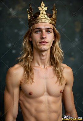 Against a dark wall, a shirtless young man with long blond hair wears a gold crown